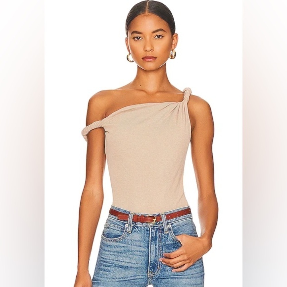 ATOIR tangled bodysuit sand beige ribbed modal off shoulder asymmetrical top